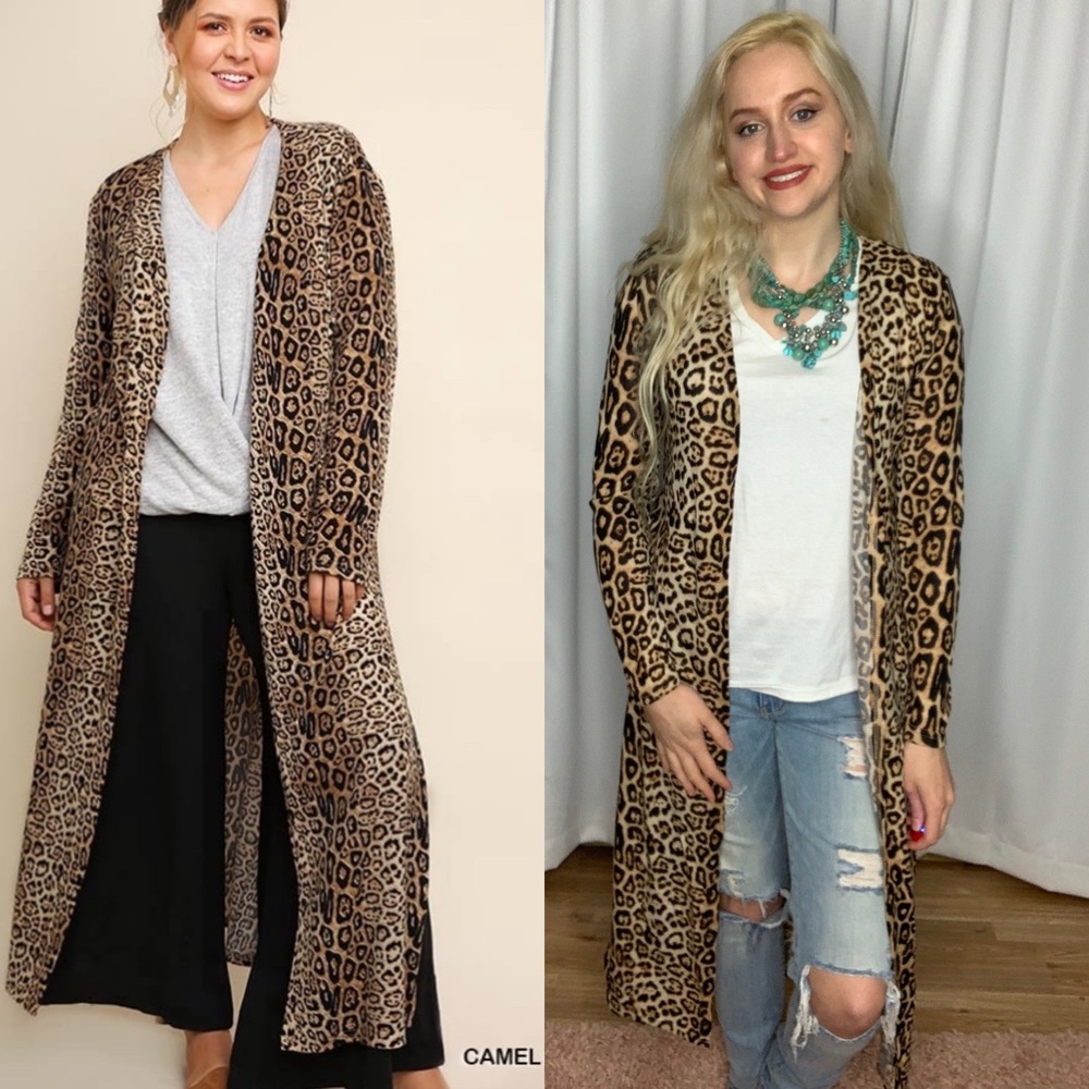NEW Umgee Jaguar Print Open Front Long Body Cardigan with Side Slits S - 1XL